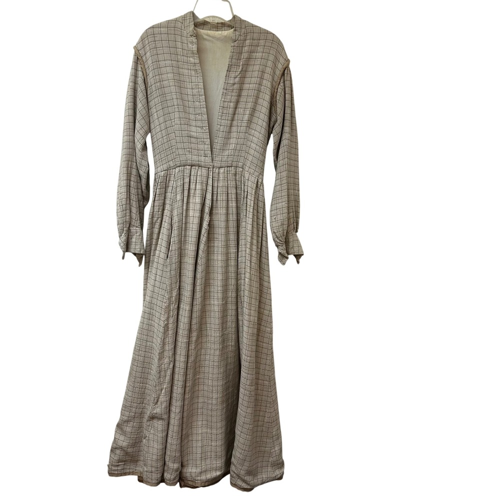 Vintage Handmade Victorian Plaid Prairie Dress Tan Woven Cotton Gown Reenactment